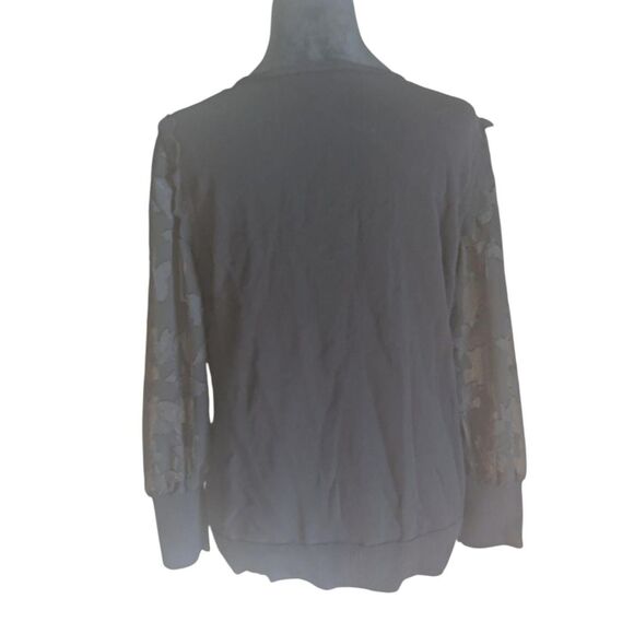 CECE Mixed Media Sweater M Black Sheer Floral Sleeve Cotton Knit Top - Picture 8 of 8